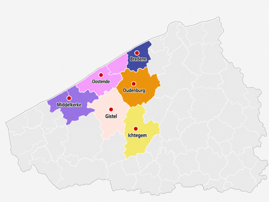 Kaart met de 6 gemeenten uit het werkingsgebied van Woonsprong